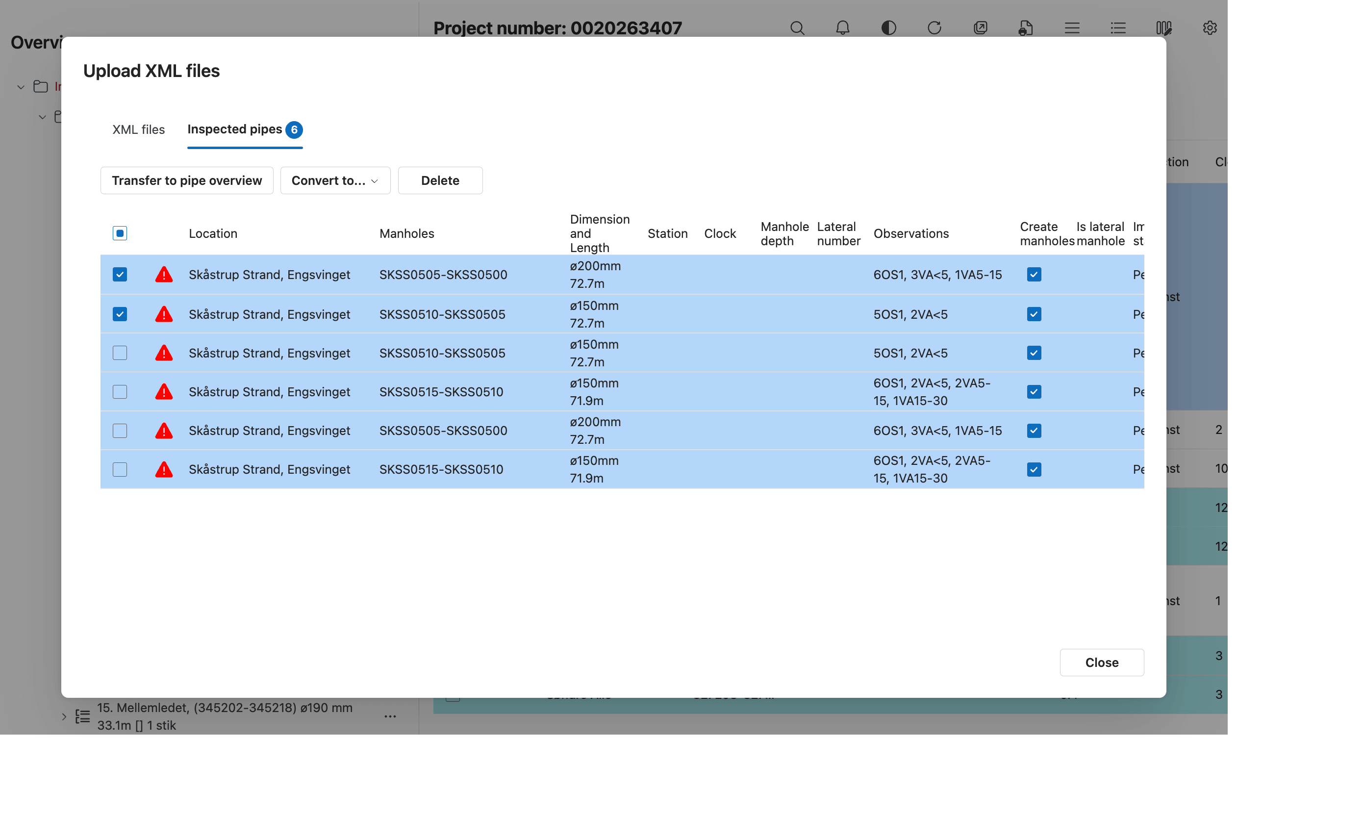 Pipe Overview inspected pipes tab showing six imported pipe records with dimensions, observations, and warning icons.