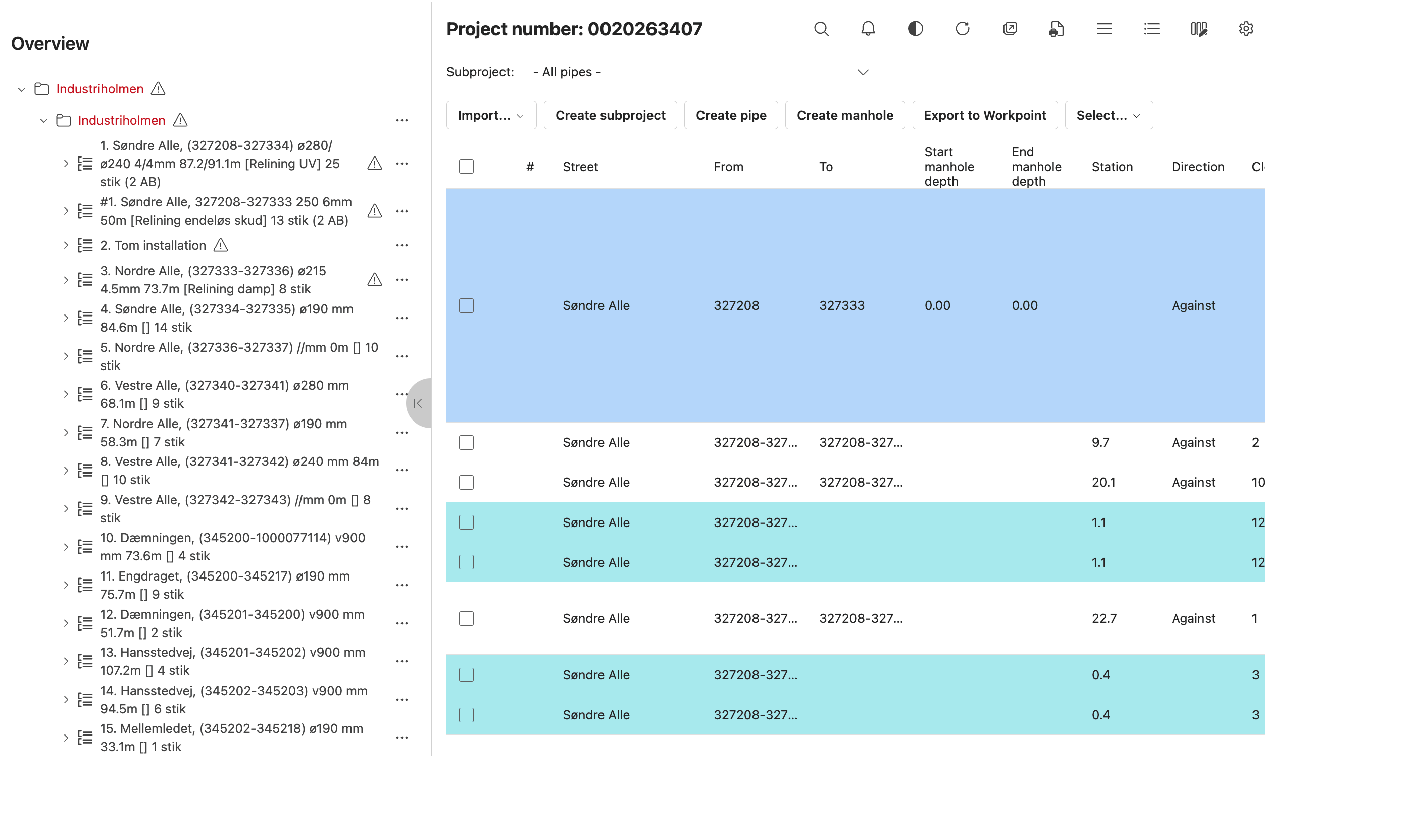 Pipe Overview showing its project tree, project controls, and pipe records for the selected project.